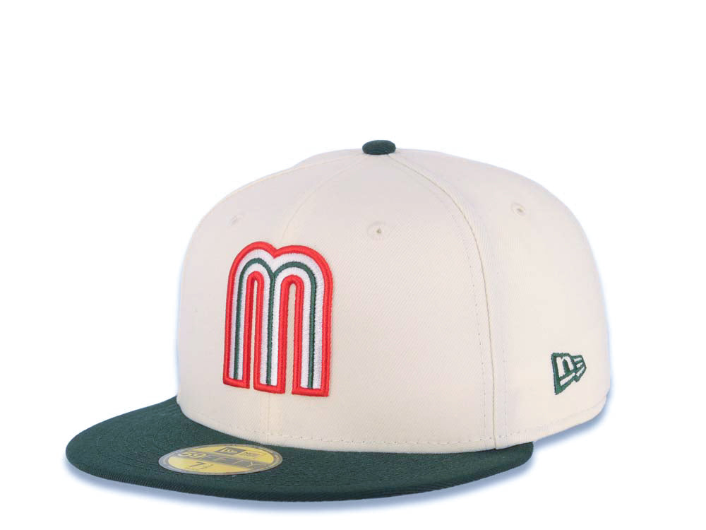 Mexico New Era WBC World Baseball Classic 59FIFTY 5950 Fitted Cap Hat Cream Crown Dark Green Visor White/Dark Green/Red Logo Mexico Flag Side Patch