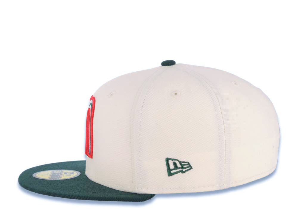 Mexico New Era WBC World Baseball Classic 59FIFTY 5950 Fitted Cap Hat Cream Crown Dark Green Visor White/Dark Green/Red Logo Mexico Flag Side Patch