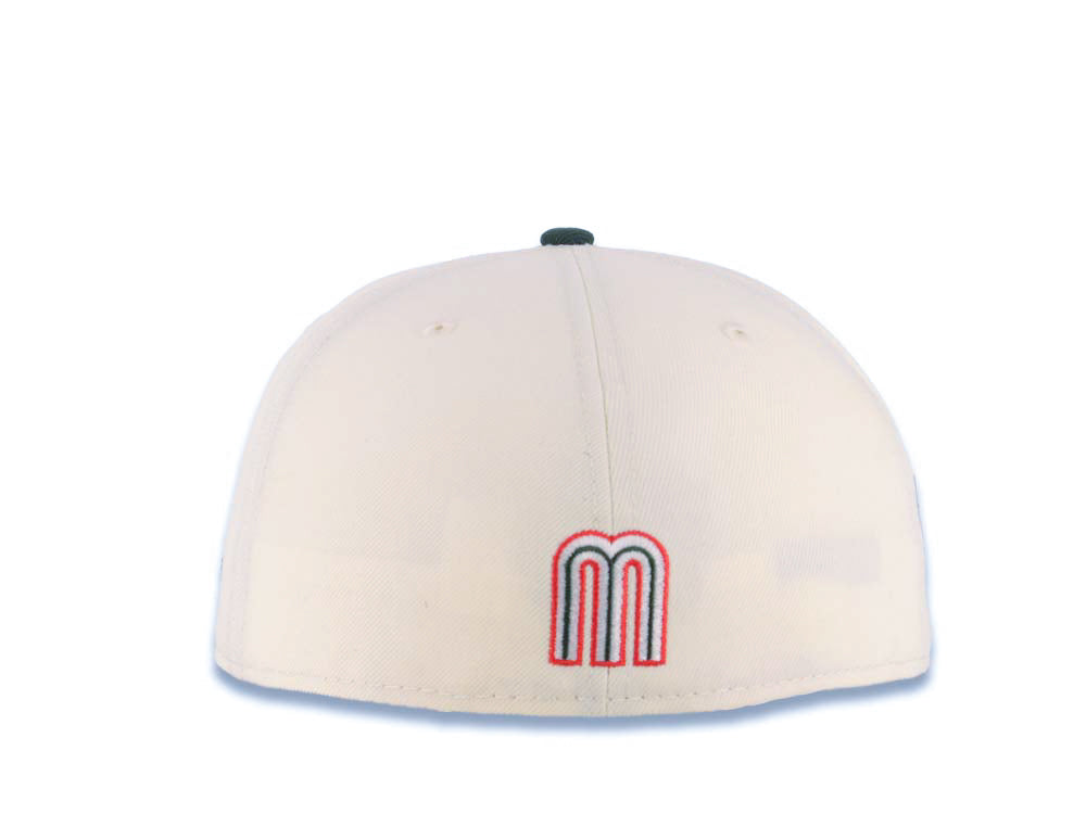 Mexico New Era WBC World Baseball Classic 59FIFTY 5950 Fitted Cap Hat Cream Crown Dark Green Visor White/Dark Green/Red Logo Mexico Flag Side Patch