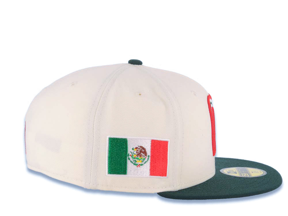 Mexico New Era WBC World Baseball Classic 59FIFTY 5950 Fitted Cap Hat Cream Crown Dark Green Visor White/Dark Green/Red Logo Mexico Flag Side Patch