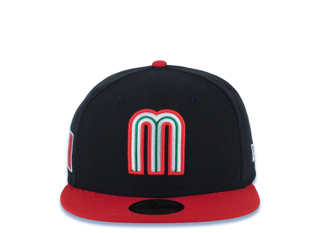 Mexico New Era WBC World Baseball Classic 59FIFTY 5950 Fitted Cap Hat Black Crown Red Visor Red/White/Green Logo Mexico Flag Side Patch Green UV