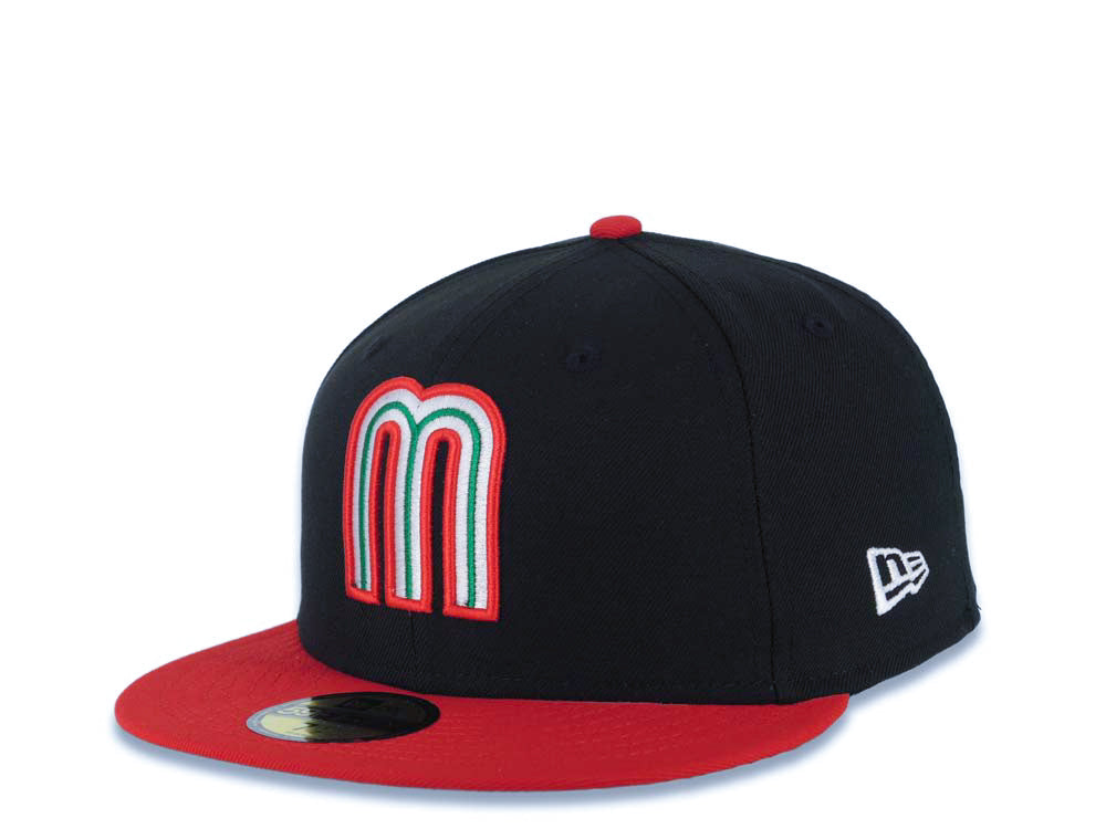 Mexico New Era WBC World Baseball Classic 59FIFTY 5950 Fitted Cap Hat Black Crown Red Visor Red/White/Green Logo Mexico Flag Side Patch Green UV