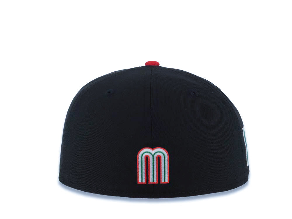 Mexico New Era WBC World Baseball Classic 59FIFTY 5950 Fitted Cap Hat Black Crown Red Visor Red/White/Green Logo Mexico Flag Side Patch Green UV