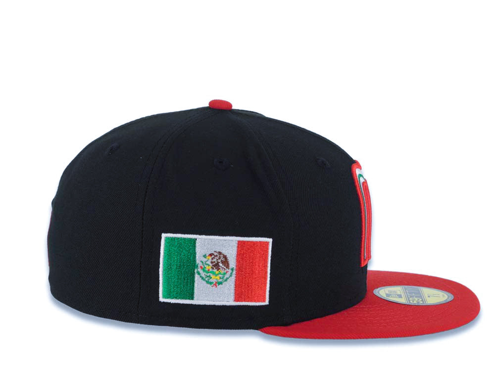 Mexico New Era WBC World Baseball Classic 59FIFTY 5950 Fitted Cap Hat Black Crown Red Visor Red/White/Green Logo Mexico Flag Side Patch Green UV