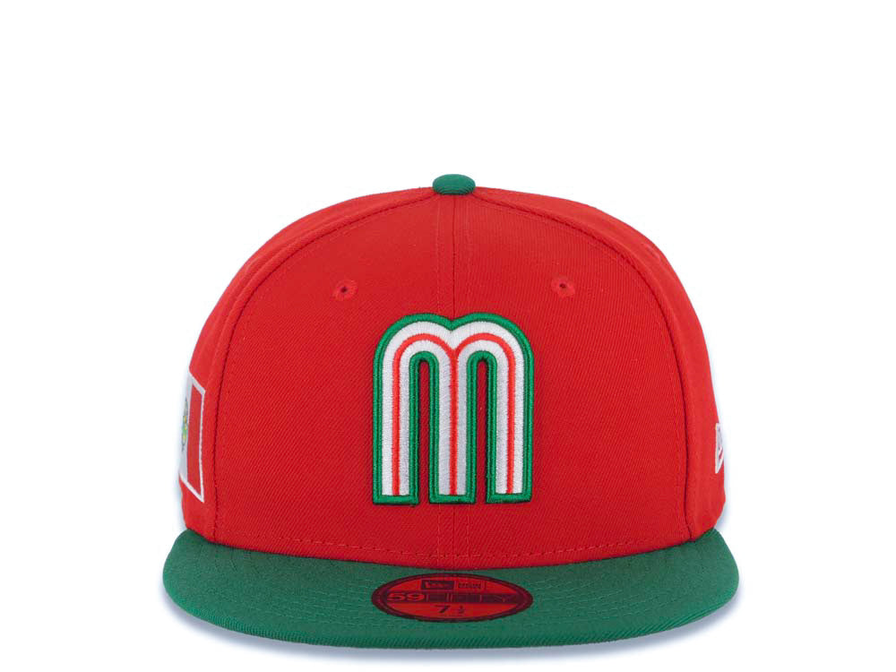 Mexico New Era WBC World Baseball Classic 59FIFTY 5950 Fitted Cap Hat Red Crown Green Visor White/Green/Red Logo Mexico Flag Side Patch Gray UV