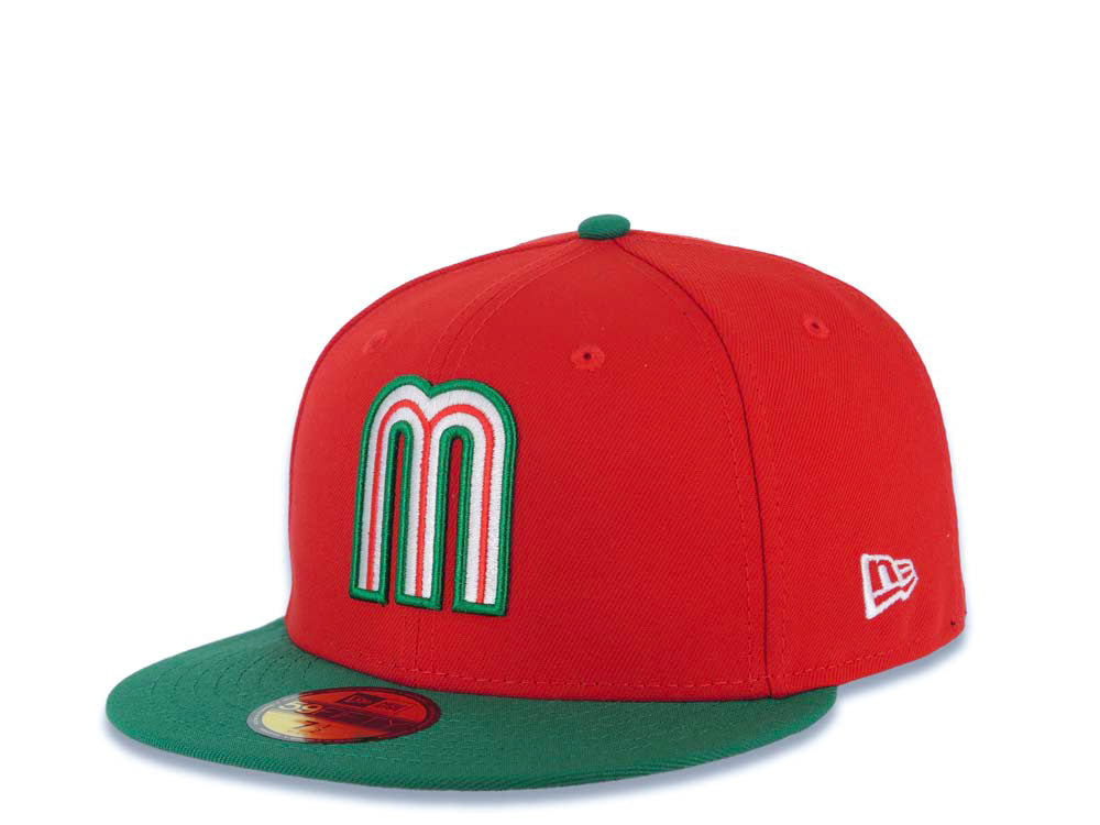 Mexico New Era WBC World Baseball Classic 59FIFTY 5950 Fitted Cap Hat Red Crown Green Visor White/Green/Red Logo Mexico Flag Side Patch Gray UV