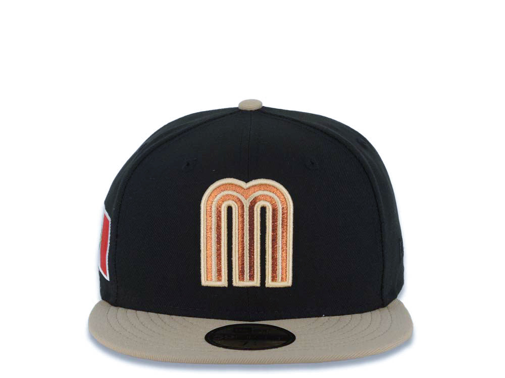 Mexico New Era WBC World Baseball Classic 59FIFTY 5950 Fitted Cap Hat Black Crown Khaki Visor Metallic Brown/Orange Logo Mexico Flag Side Patch