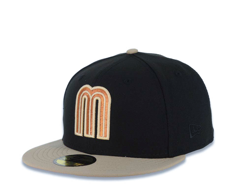 Mexico New Era WBC World Baseball Classic 59FIFTY 5950 Fitted Cap Hat Black Crown Khaki Visor Metallic Brown/Orange Logo Mexico Flag Side Patch