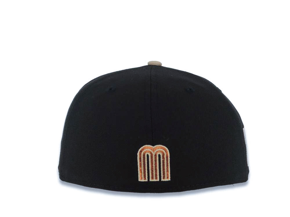 Mexico New Era WBC World Baseball Classic 59FIFTY 5950 Fitted Cap Hat Black Crown Khaki Visor Metallic Brown/Orange Logo Mexico Flag Side Patch