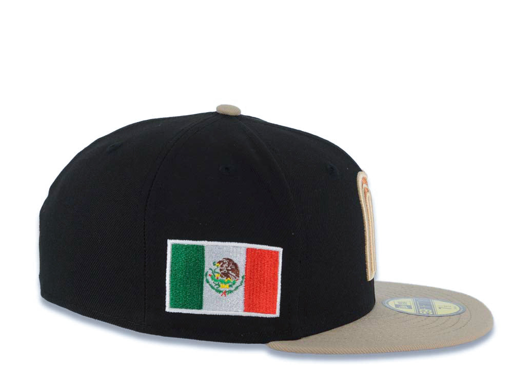 Mexico New Era WBC World Baseball Classic 59FIFTY 5950 Fitted Cap Hat Black Crown Khaki Visor Metallic Brown/Orange Logo Mexico Flag Side Patch