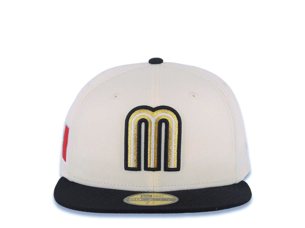 Mexico New Era WBC World Baseball Classic 59FIFTY 5950 Fitted Cap Hat Cream Crown Black Visor Metallic Gold/Black/White Mexico Flag Side Patch Gray UV