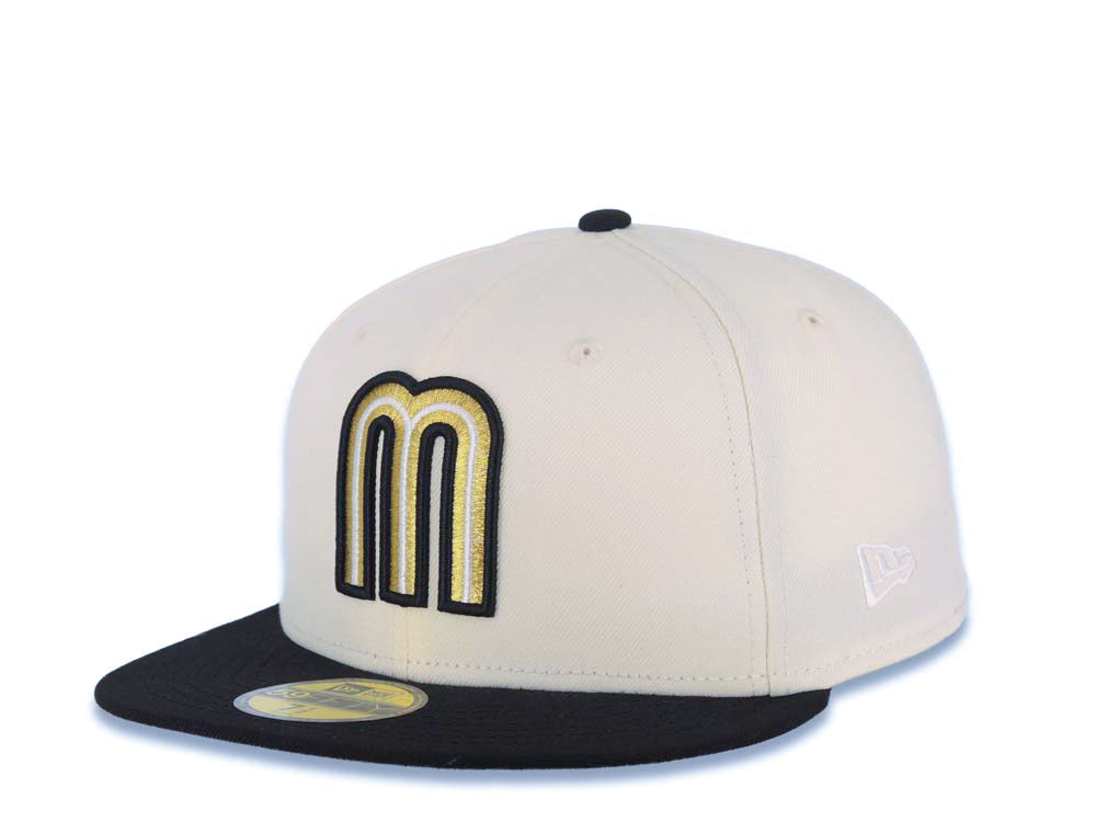 Mexico New Era WBC World Baseball Classic 59FIFTY 5950 Fitted Cap Hat Cream Crown Black Visor Metallic Gold/Black/White Mexico Flag Side Patch Gray UV