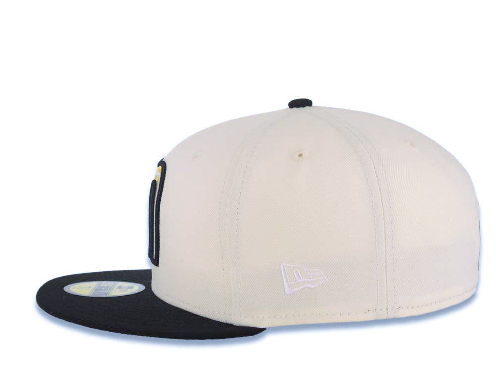 Mexico New Era WBC World Baseball Classic 59FIFTY 5950 Fitted Cap Hat Cream Crown Black Visor Metallic Gold/Black/White Mexico Flag Side Patch Gray UV