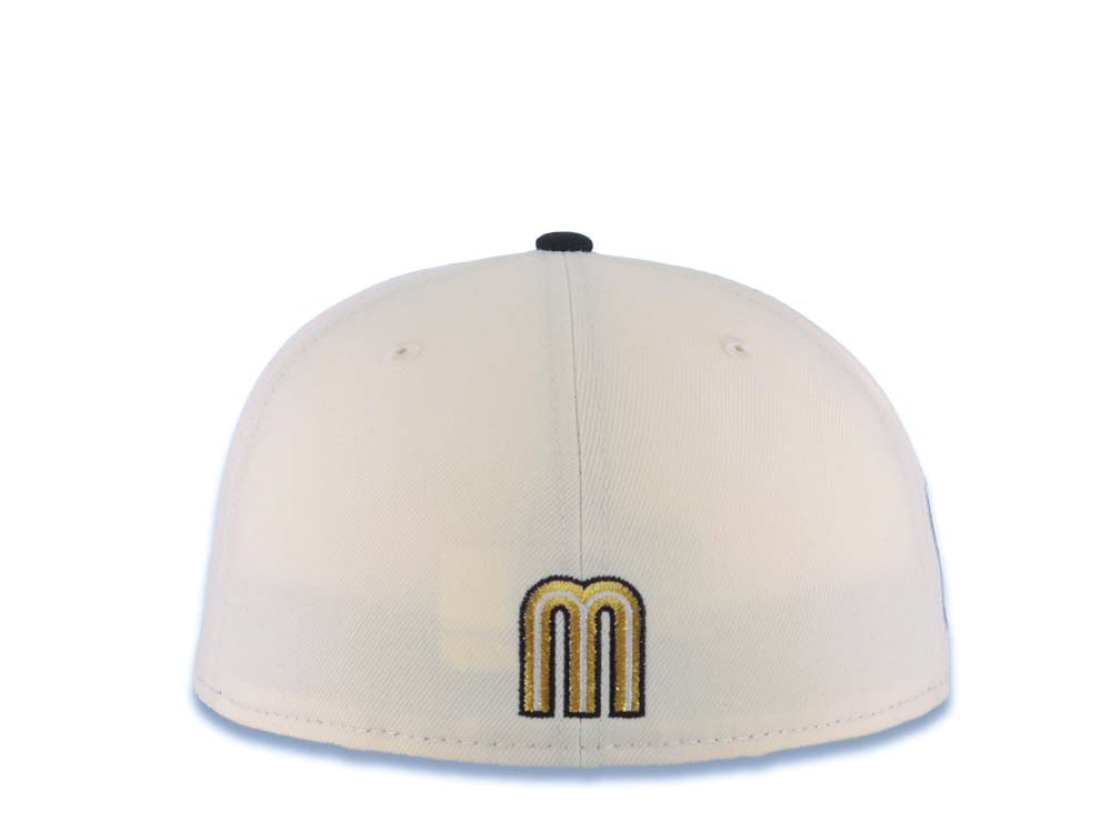 Mexico New Era WBC World Baseball Classic 59FIFTY 5950 Fitted Cap Hat Cream Crown Black Visor Metallic Gold/Black/White Mexico Flag Side Patch Gray UV