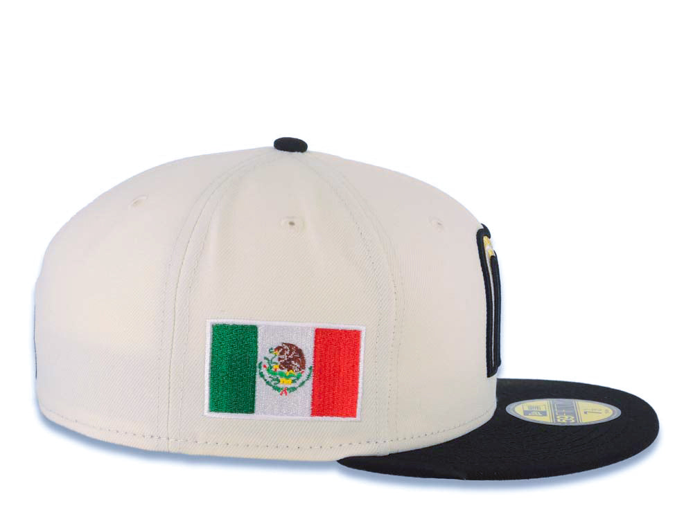 Mexico New Era WBC World Baseball Classic 59FIFTY 5950 Fitted Cap Hat Cream Crown Black Visor Metallic Gold/Black/White Mexico Flag Side Patch Gray UV