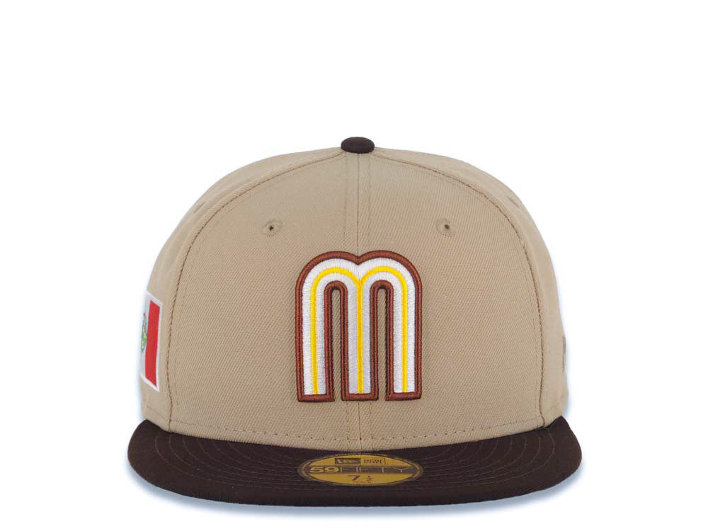 Mexico New Era WBC World Baseball Classic 59FIFTY 5950 Fitted Cap Hat Khaki Crown Dark Brown Visor Cream/Dark Brown/Yellow Logo Mexico Flag Side Patch
