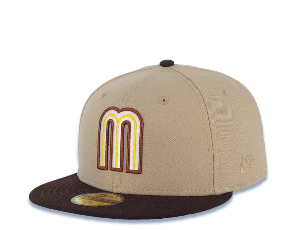 Mexico New Era WBC World Baseball Classic 59FIFTY 5950 Fitted Cap Hat Khaki Crown Dark Brown Visor Cream/Dark Brown/Yellow Logo Mexico Flag Side Patch