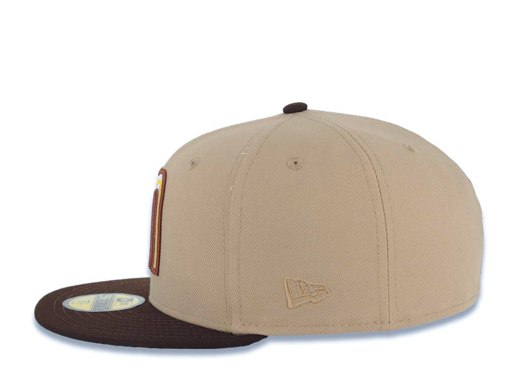 Mexico New Era WBC World Baseball Classic 59FIFTY 5950 Fitted Cap Hat Khaki Crown Dark Brown Visor Cream/Dark Brown/Yellow Logo Mexico Flag Side Patch