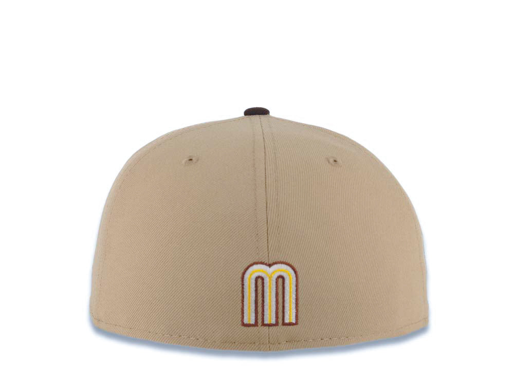 Mexico New Era WBC World Baseball Classic 59FIFTY 5950 Fitted Cap Hat Khaki Crown Dark Brown Visor Cream/Dark Brown/Yellow Logo Mexico Flag Side Patch