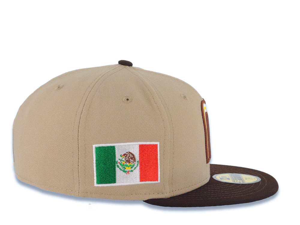 Mexico New Era WBC World Baseball Classic 59FIFTY 5950 Fitted Cap Hat Khaki Crown Dark Brown Visor Cream/Dark Brown/Yellow Logo Mexico Flag Side Patch