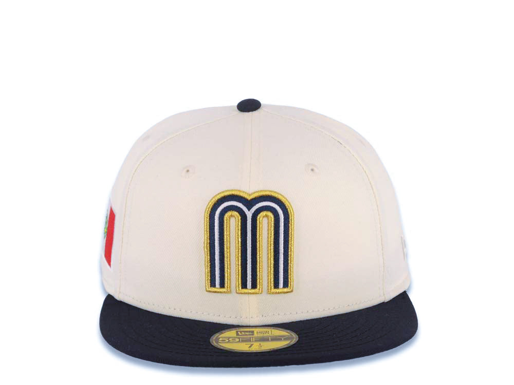 Mexico New Era WBC World Baseball Classic 59FIFTY 5950 Fitted Cap Hat Cream Crown Navy Blue Visor Navy Blue/Metallic Gold/White Logo Mexico Side Patch