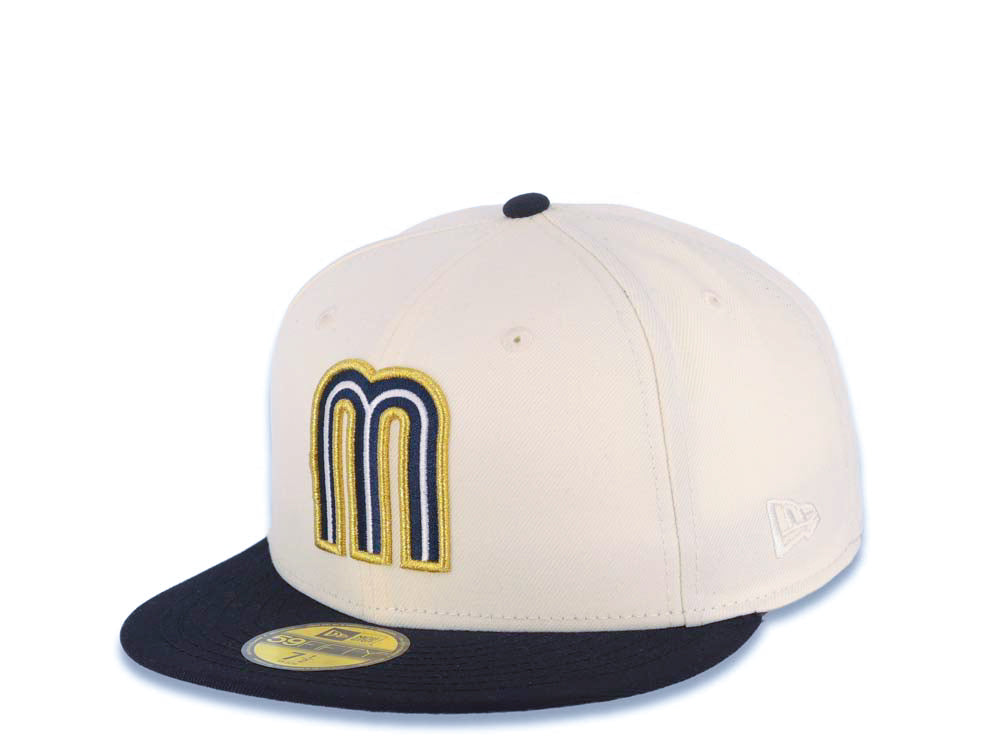 Mexico New Era WBC World Baseball Classic 59FIFTY 5950 Fitted Cap Hat Cream Crown Navy Blue Visor Navy Blue/Metallic Gold/White Logo Mexico Side Patch