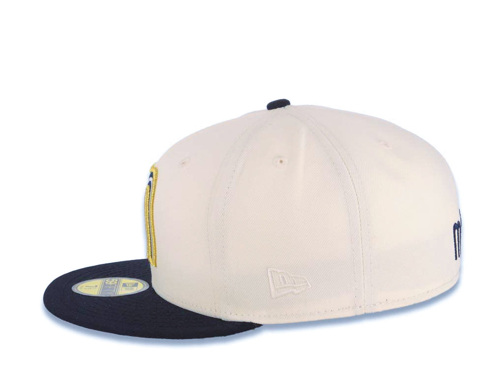 Mexico New Era WBC World Baseball Classic 59FIFTY 5950 Fitted Cap Hat Cream Crown Navy Blue Visor Navy Blue/Metallic Gold/White Logo Mexico Side Patch