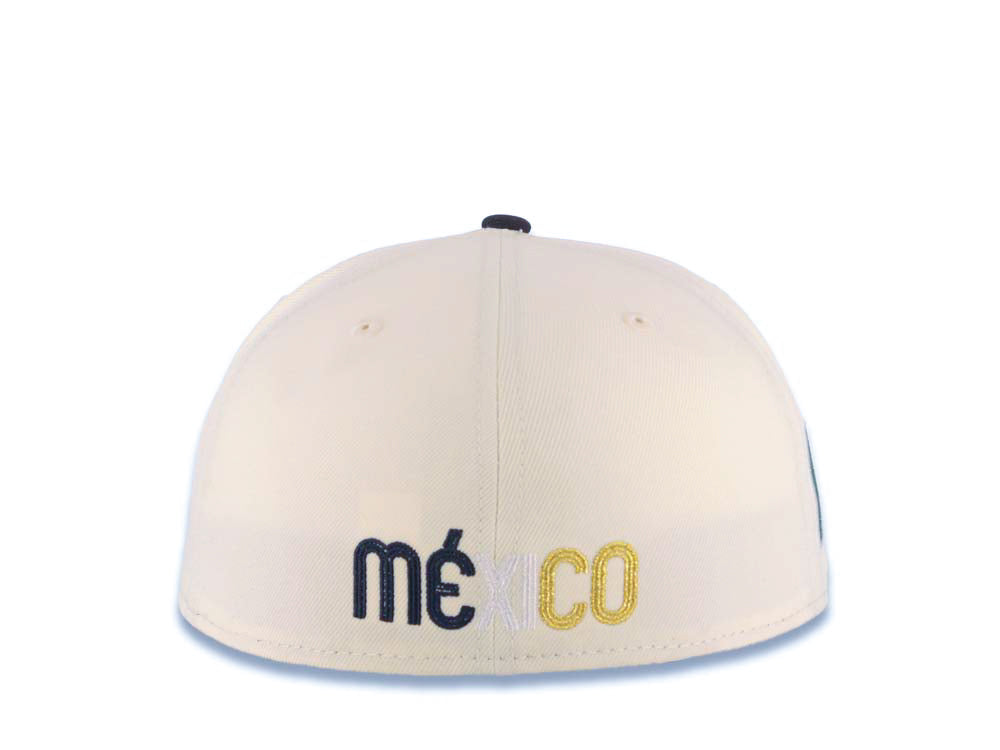 Mexico New Era WBC World Baseball Classic 59FIFTY 5950 Fitted Cap Hat Cream Crown Navy Blue Visor Navy Blue/Metallic Gold/White Logo Mexico Side Patch