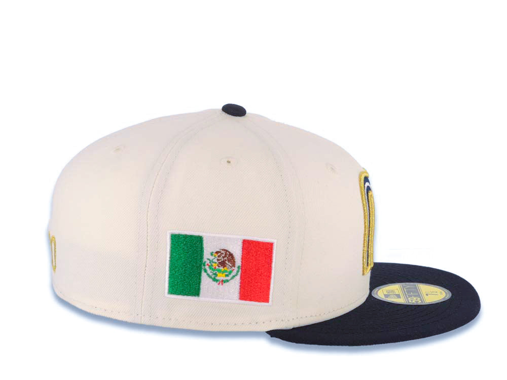 Mexico New Era WBC World Baseball Classic 59FIFTY 5950 Fitted Cap Hat Cream Crown Navy Blue Visor Navy Blue/Metallic Gold/White Logo Mexico Side Patch