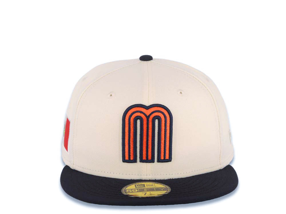 Mexico New Era WBC World Baseball Classic 59FIFTY 5950 Fitted Cap Hat Cream Crown Navy Blue Visor Orange/Navy Blue Logo Mexico Flag Side Patch Green UV