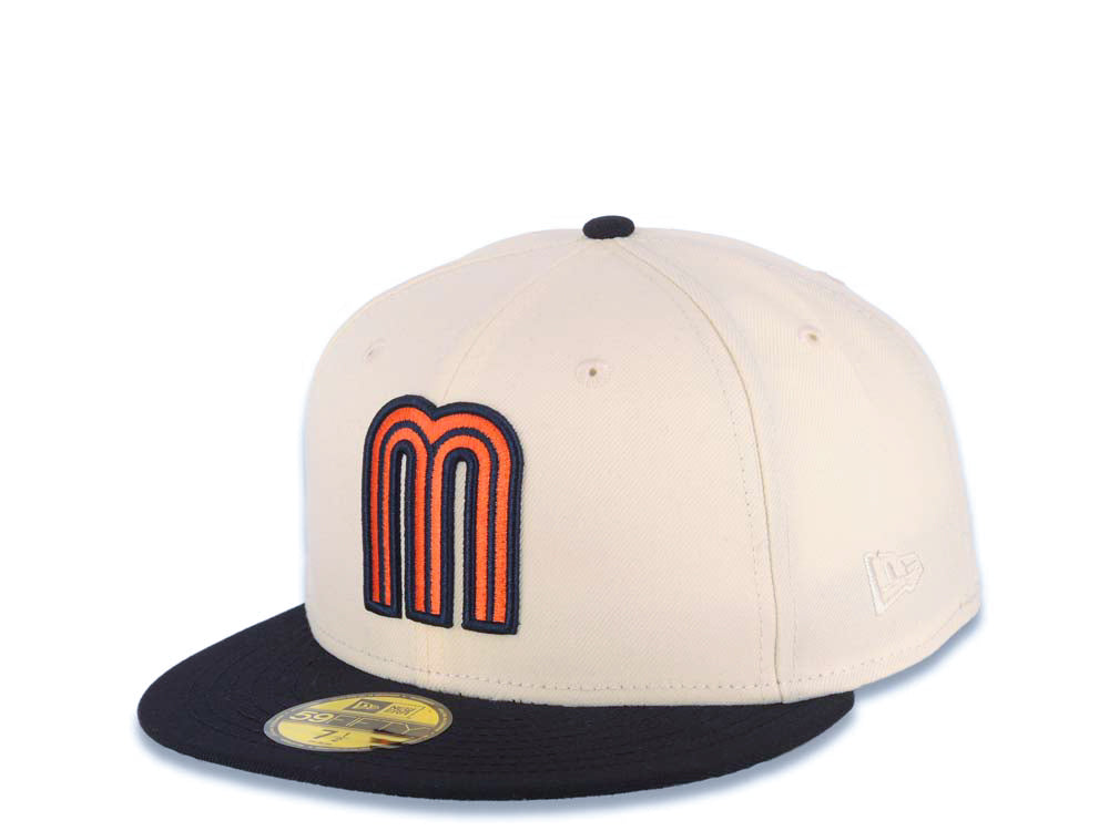 Mexico New Era WBC World Baseball Classic 59FIFTY 5950 Fitted Cap Hat Cream Crown Navy Blue Visor Orange/Navy Blue Logo Mexico Flag Side Patch Green UV