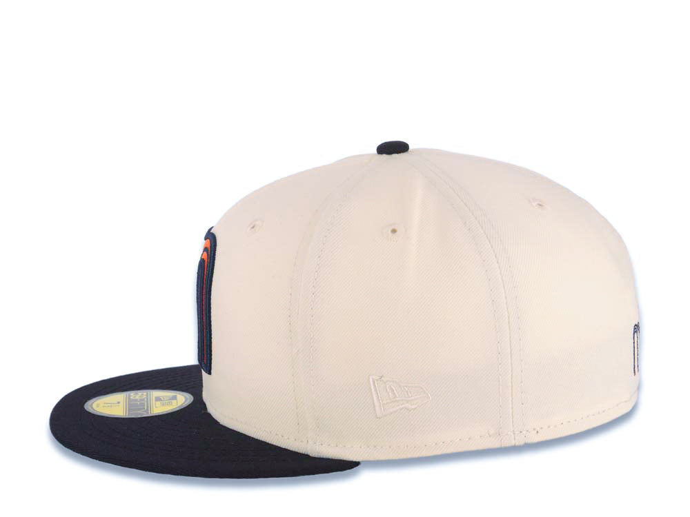 Mexico New Era WBC World Baseball Classic 59FIFTY 5950 Fitted Cap Hat Cream Crown Navy Blue Visor Orange/Navy Blue Logo Mexico Flag Side Patch Green UV