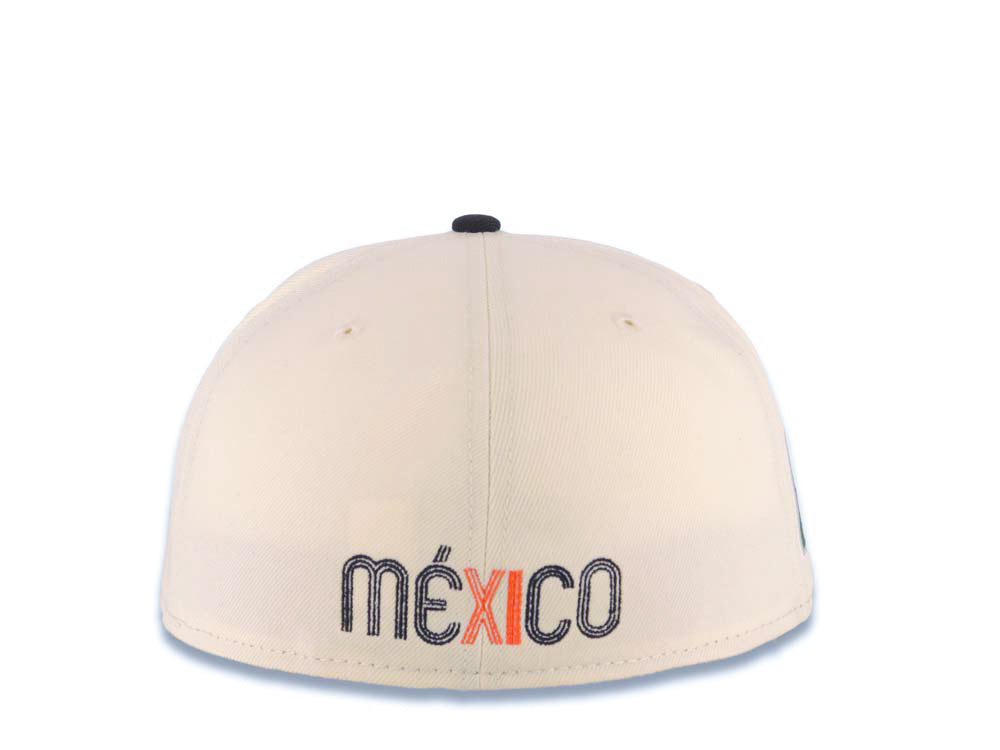 Mexico New Era WBC World Baseball Classic 59FIFTY 5950 Fitted Cap Hat Cream Crown Navy Blue Visor Orange/Navy Blue Logo Mexico Flag Side Patch Green UV