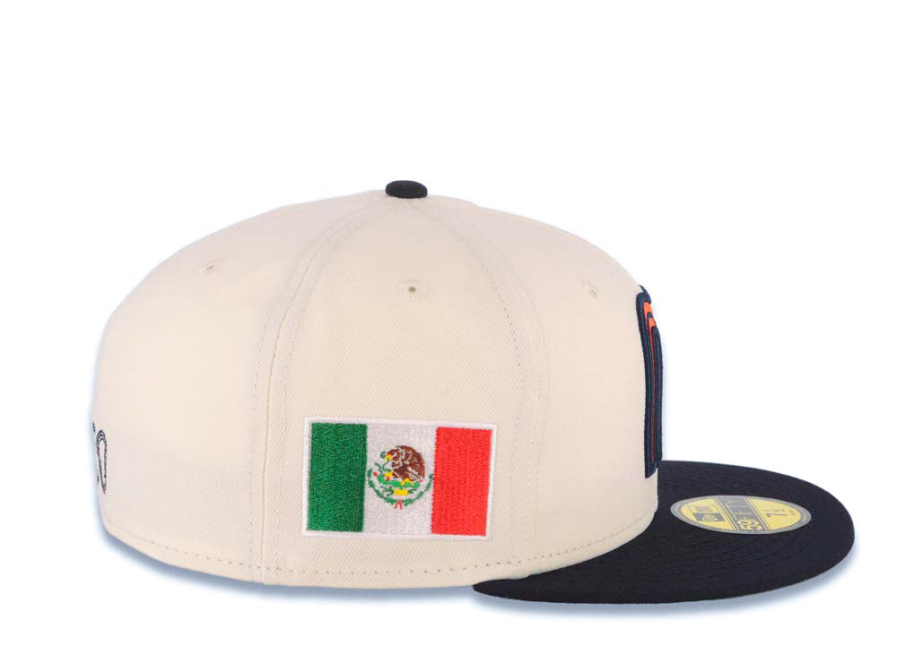 Mexico New Era WBC World Baseball Classic 59FIFTY 5950 Fitted Cap Hat Cream Crown Navy Blue Visor Orange/Navy Blue Logo Mexico Flag Side Patch Green UV