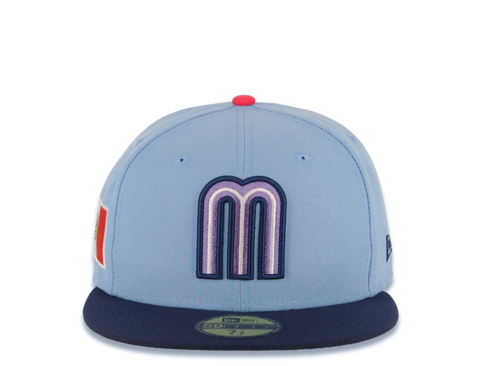 Mexico New Era WBC World Baseball Classic 59FIFTY 5950 Fitted Cap Hat Sky Blue Crown Navy Blue Visor Purple/White/Navy Logo Mexico Flag Side Patch