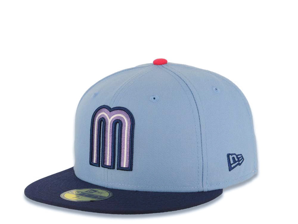 Mexico New Era WBC World Baseball Classic 59FIFTY 5950 Fitted Cap Hat Sky Blue Crown Navy Blue Visor Purple/White/Navy Logo Mexico Flag Side Patch