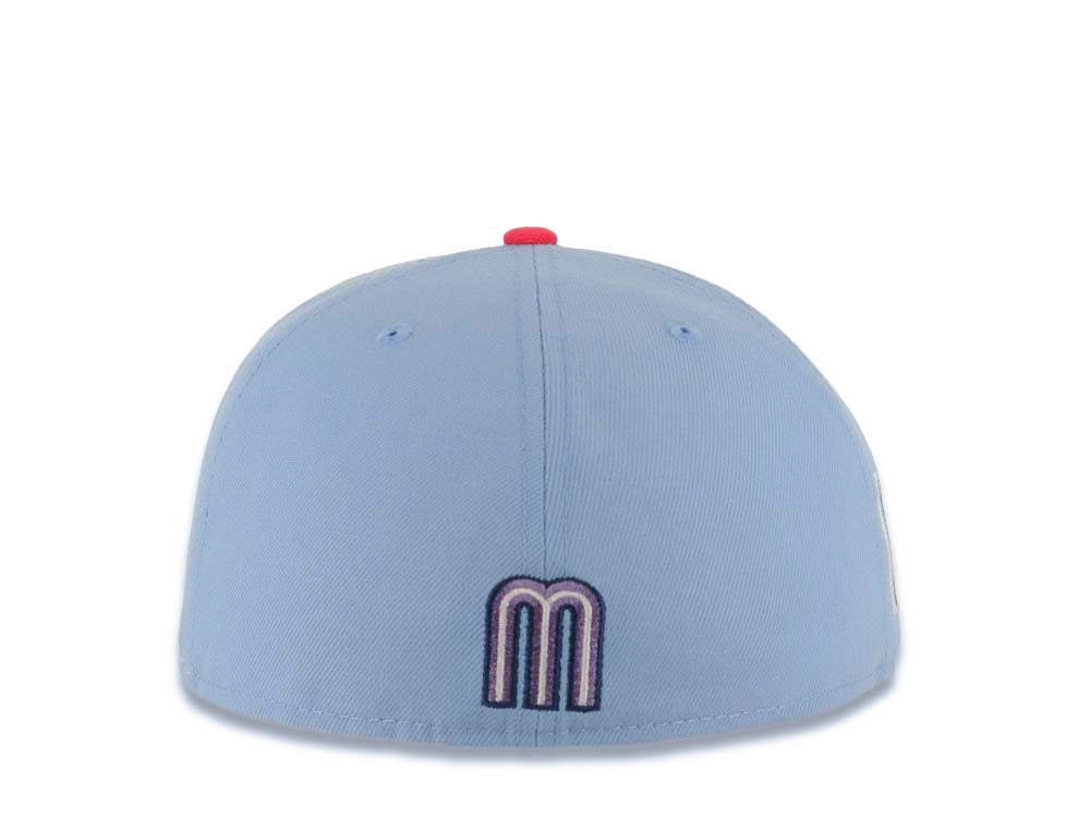 Mexico New Era WBC World Baseball Classic 59FIFTY 5950 Fitted Cap Hat Sky Blue Crown Navy Blue Visor Purple/White/Navy Logo Mexico Flag Side Patch