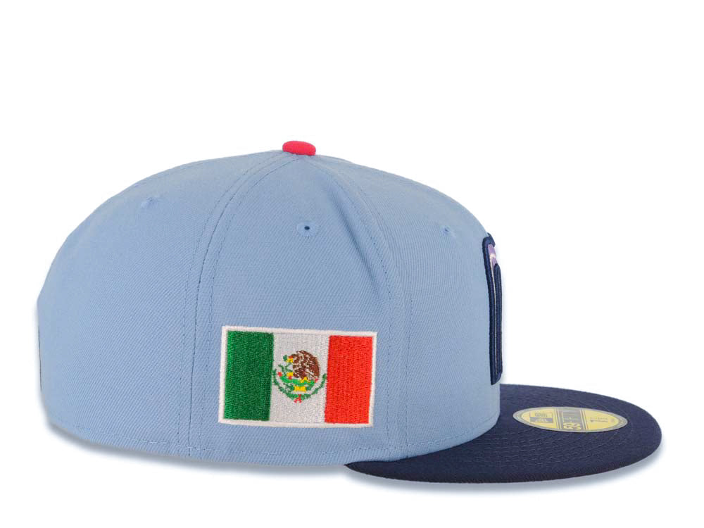 Mexico New Era WBC World Baseball Classic 59FIFTY 5950 Fitted Cap Hat Sky Blue Crown Navy Blue Visor Purple/White/Navy Logo Mexico Flag Side Patch