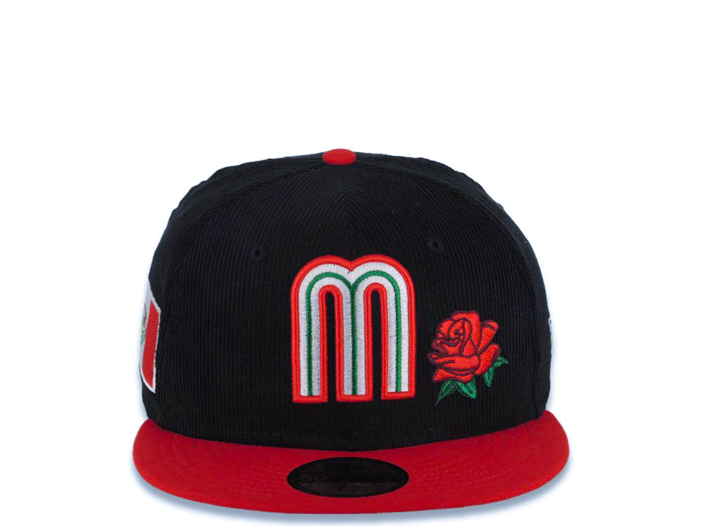 (Corduroy Crown) Mexico New Era WBC World Baseball Classic 59FIFTY 5950 Fitted Cap Hat Black Crown Red Visor Team Color Logo with Flower Mexico Flag Side Patch
