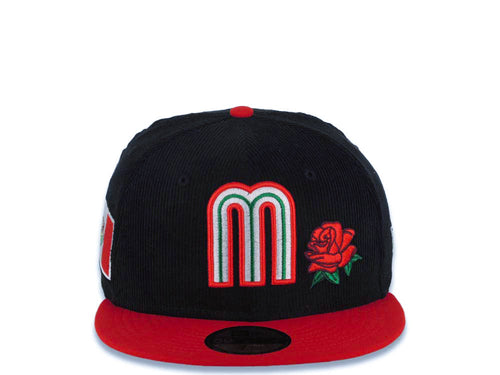 (Corduroy Crown) Mexico New Era WBC World Baseball Classic 59FIFTY 5950 Fitted Cap Hat Black Crown Red Visor Team Color Logo with Flower Mexico Flag Side Patch