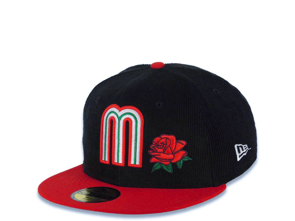 (Corduroy Crown) Mexico New Era WBC World Baseball Classic 59FIFTY 5950 Fitted Cap Hat Black Crown Red Visor Team Color Logo with Flower Mexico Flag Side Patch
