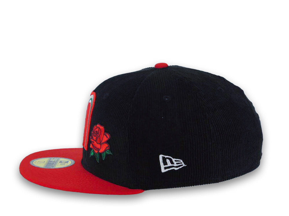 (Corduroy Crown) Mexico New Era WBC World Baseball Classic 59FIFTY 5950 Fitted Cap Hat Black Crown Red Visor Team Color Logo with Flower Mexico Flag Side Patch
