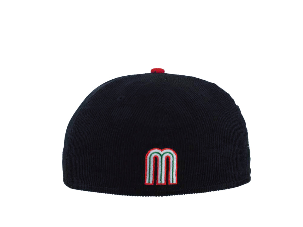 (Corduroy Crown) Mexico New Era WBC World Baseball Classic 59FIFTY 5950 Fitted Cap Hat Black Crown Red Visor Team Color Logo with Flower Mexico Flag Side Patch