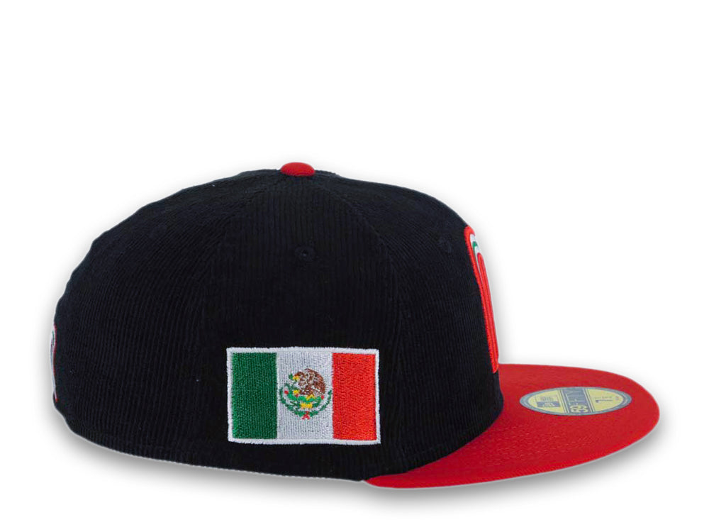 (Corduroy Crown) Mexico New Era WBC World Baseball Classic 59FIFTY 5950 Fitted Cap Hat Black Crown Red Visor Team Color Logo with Flower Mexico Flag Side Patch