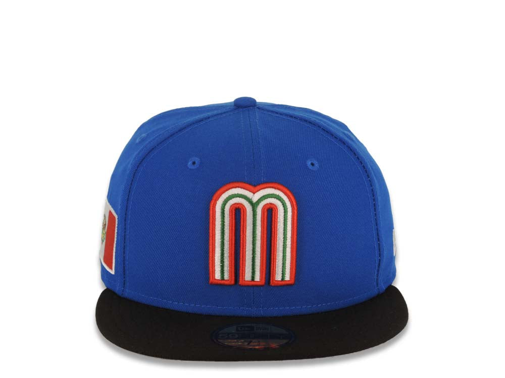Mexico New Era WBC World Baseball Classic 59FIFTY 5950 Fitted Cap Hat Royal Blue Crown Black Visor Team Color Logo Mexico Flag Side Patch