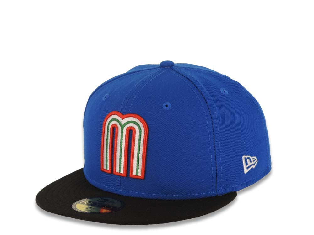 Mexico New Era WBC World Baseball Classic 59FIFTY 5950 Fitted Cap Hat Royal Blue Crown Black Visor Team Color Logo Mexico Flag Side Patch