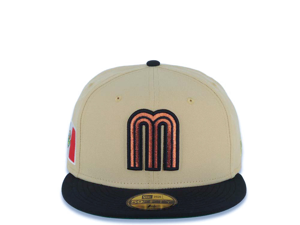Mexico New Era WBC World Baseball Classic 59FIFTY 5950 Fitted Cap Hat Vegas Gold Crown Black Visor Metallic Brown/Black Logo Mexico Flag Side Patch Green UV
