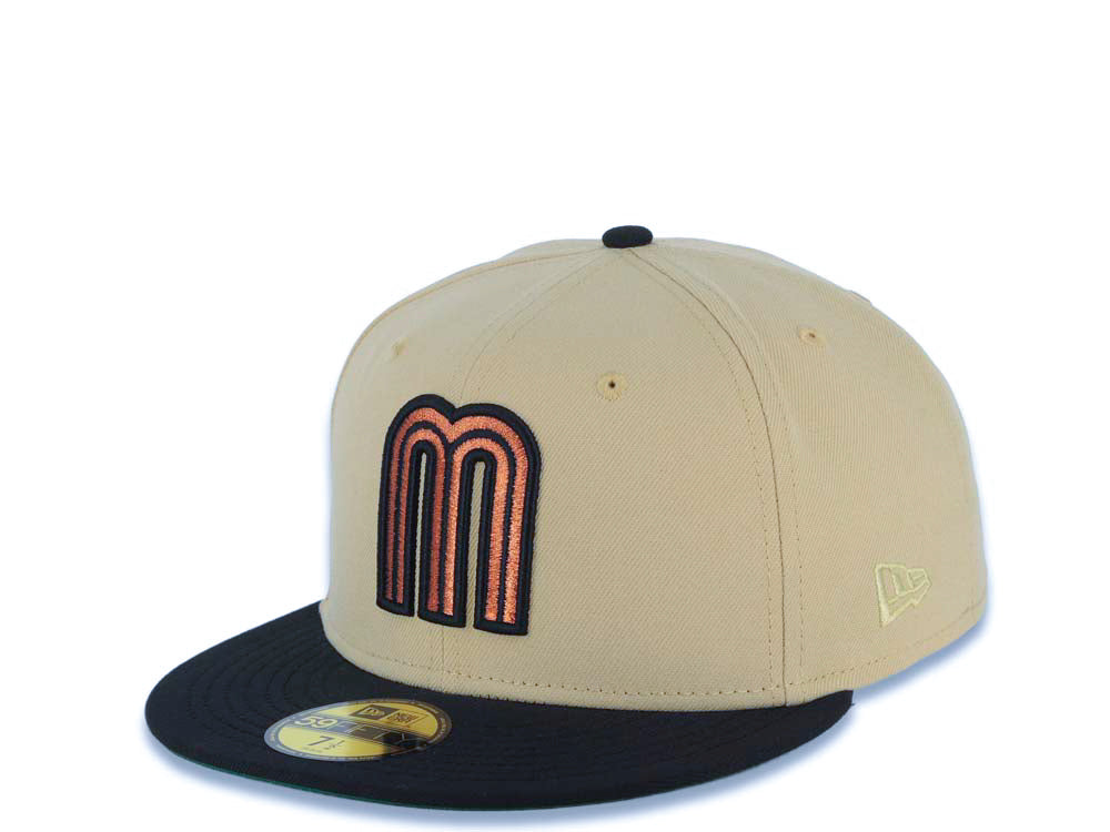 Mexico New Era WBC World Baseball Classic 59FIFTY 5950 Fitted Cap Hat Vegas Gold Crown Black Visor Metallic Brown/Black Logo Mexico Flag Side Patch Green UV