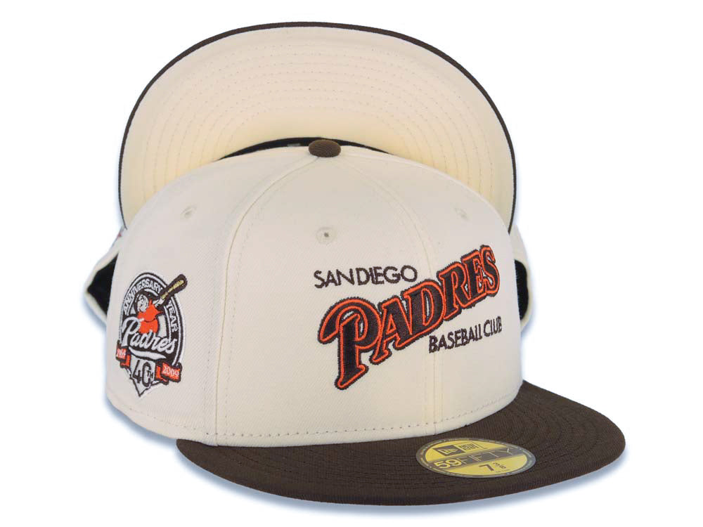 San Diego Padres New Era MLB 59FIFTY 5950 Fitted Cap Hat Cream Crown Brown Visor Brown/Orange Baseball Club Logo 40th Anniversary Side Patch Cream UV