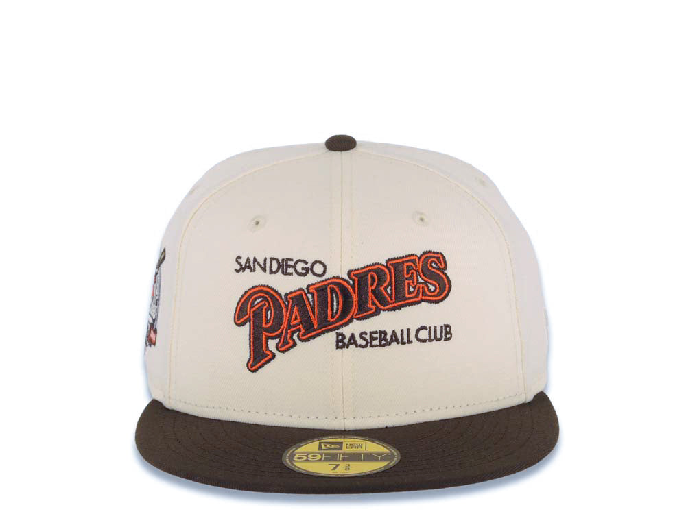San Diego Padres New Era MLB 59FIFTY 5950 Fitted Cap Hat Cream Crown Brown Visor Brown/Orange Baseball Club Logo 40th Anniversary Side Patch Cream UV
